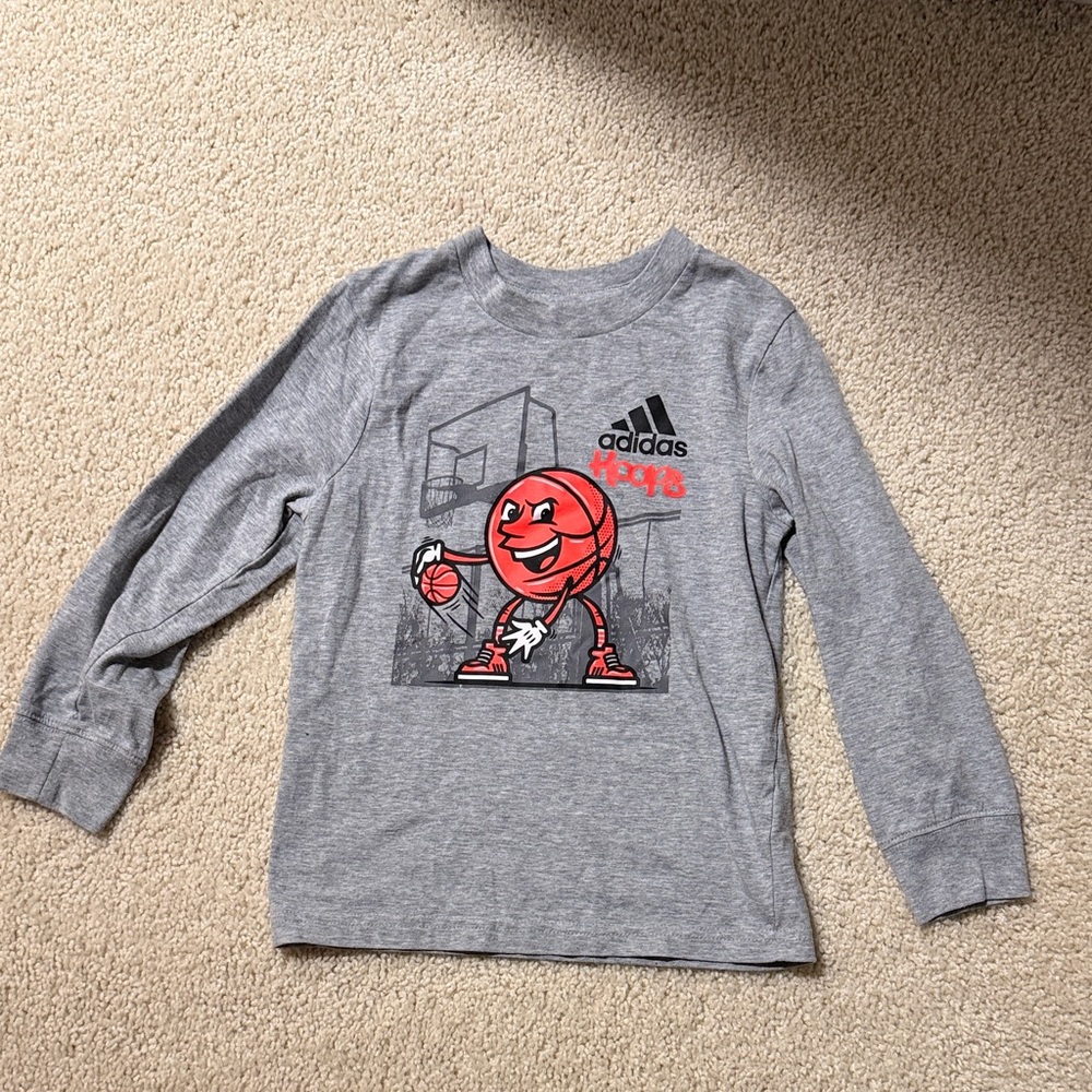 adidas Gray Long-Sleeve Tee with Red Basketball Character Graphic